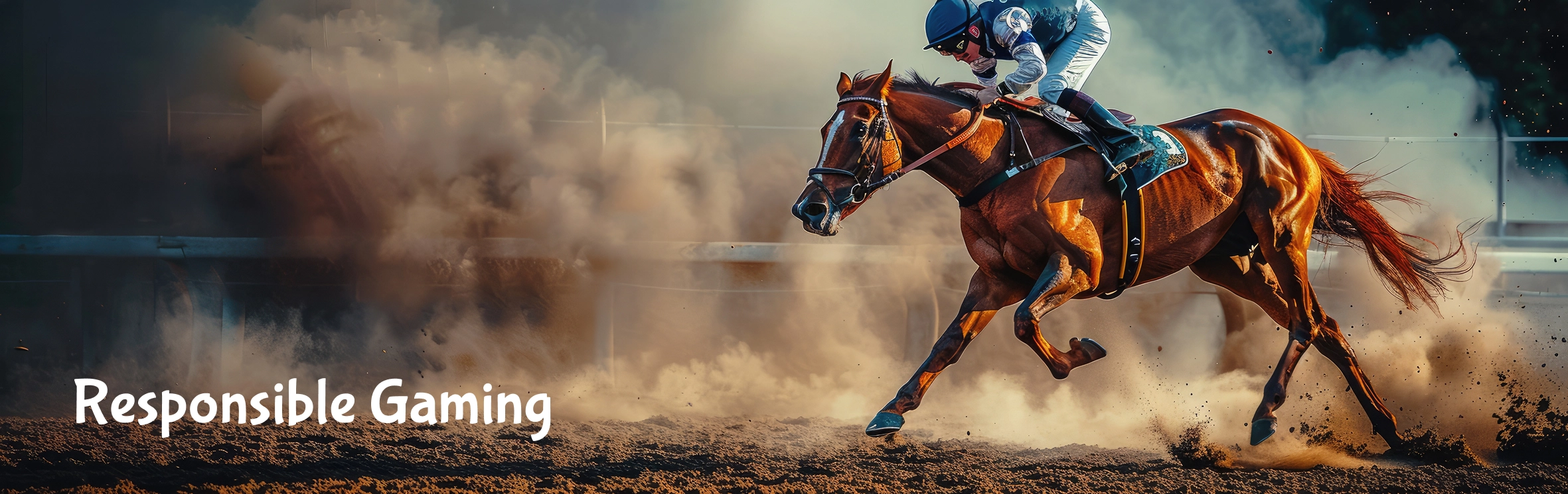 Cinematic racehorse sprinting across a dusty track with dramatic lighting and high-speed racing atmosphere.