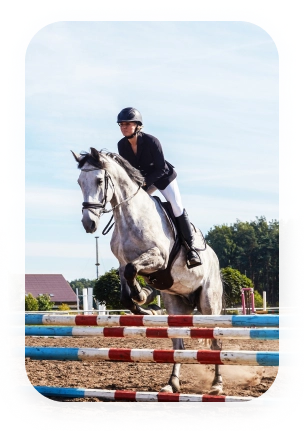 Professional rider performing a show jumping obstacle course on a white horse during an outdoor equestrian event.